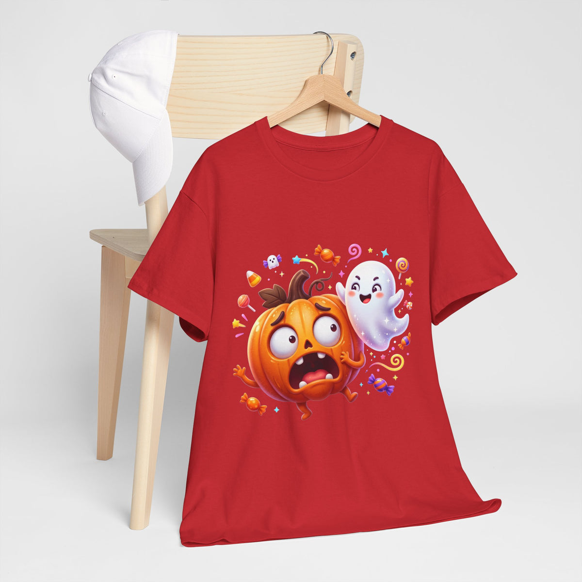 Cute Halloween Pumpkin & Ghost Tee — Scared Pumpkin Candy Graphic T-Shirt