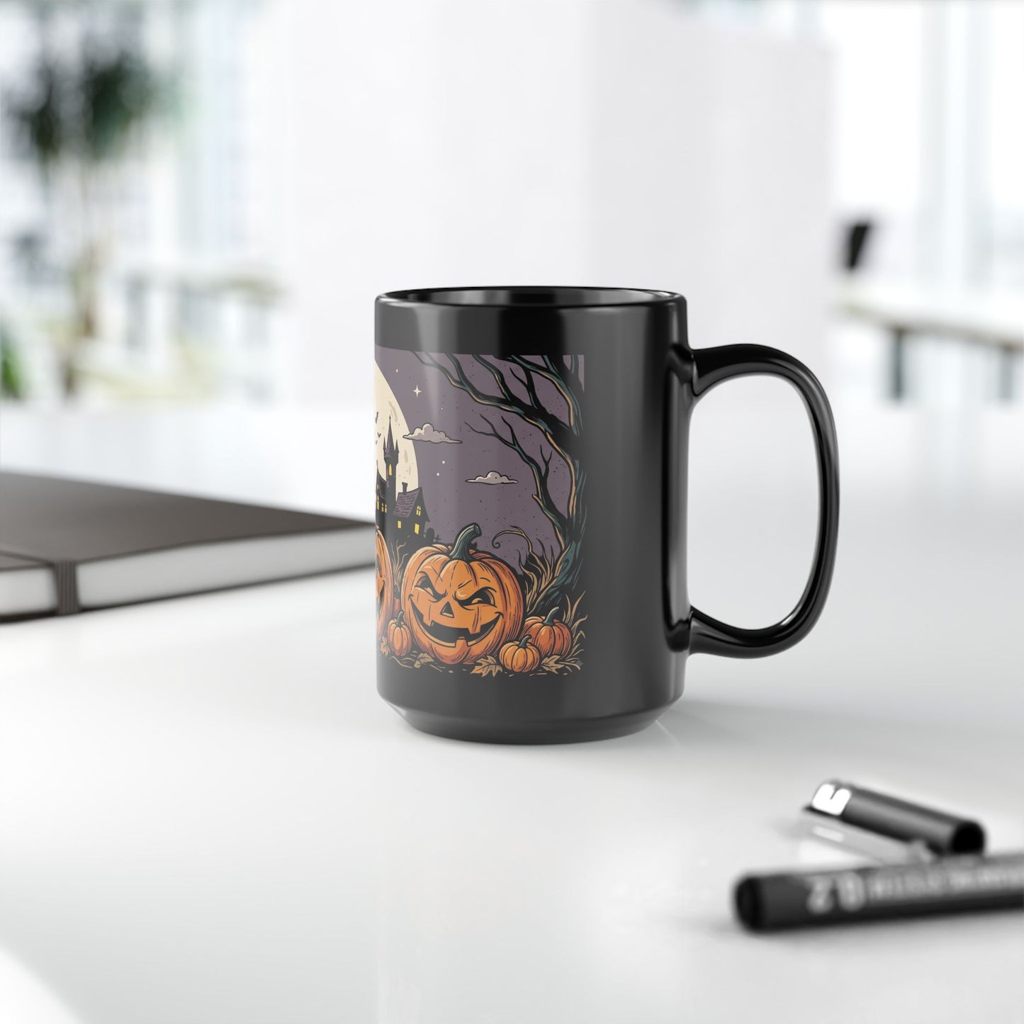 Halloween Pumpkin Night Mug — Spooky Jack-O'-Lantern Black Coffee Cup
