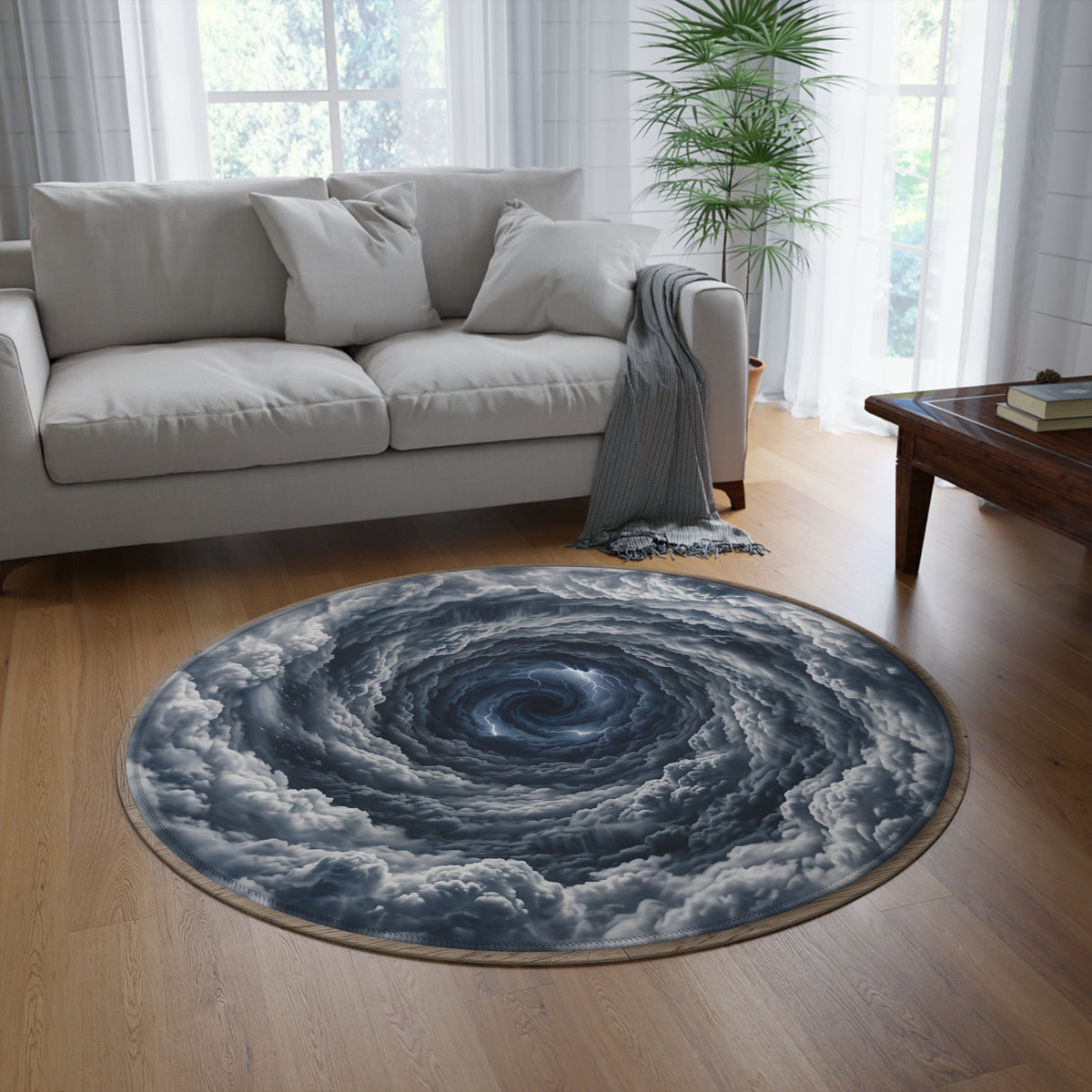 Swirling Storm Round Rug — Dramatic Cloud Vortex Floor Mat