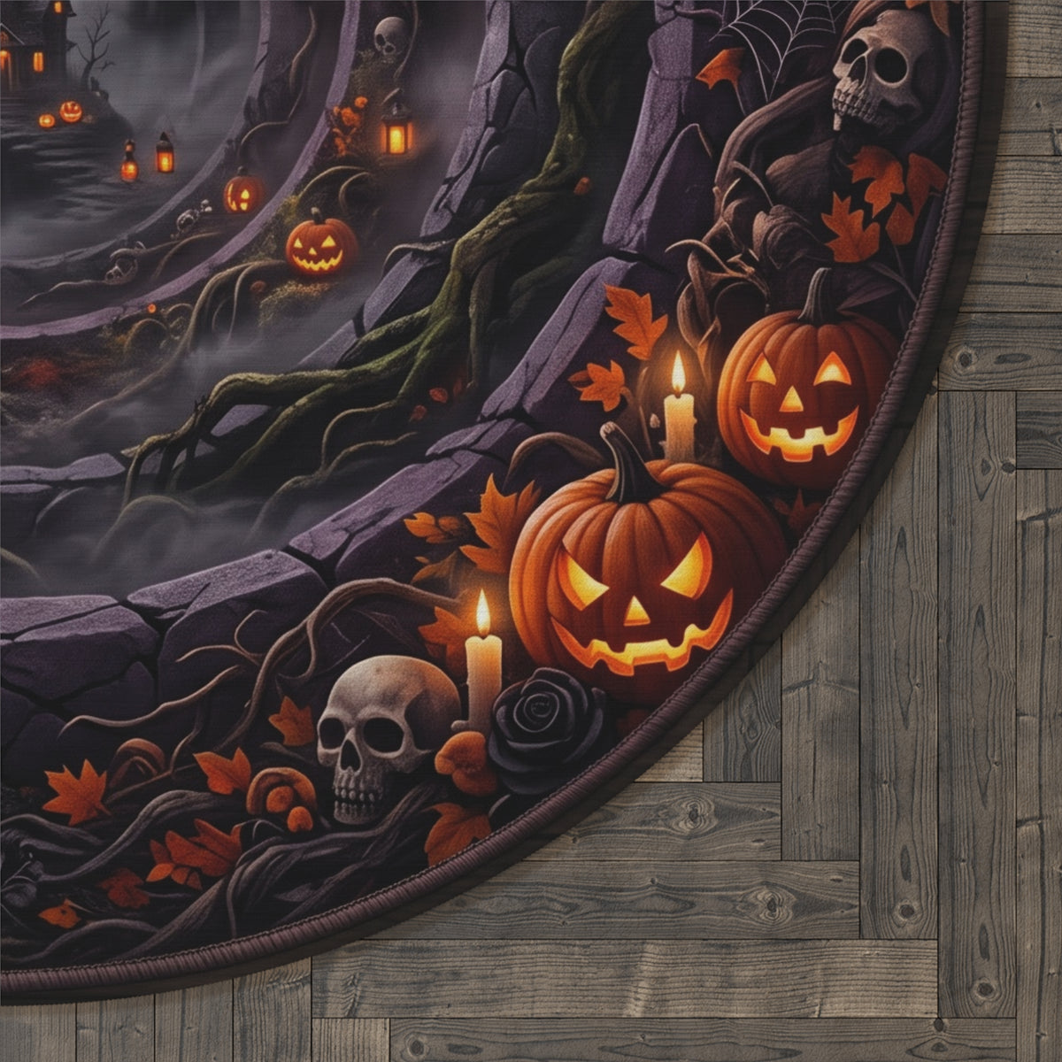 Halloween Haunted Castle Round Rug — Spooky Pumpkin & Lanterns Décor