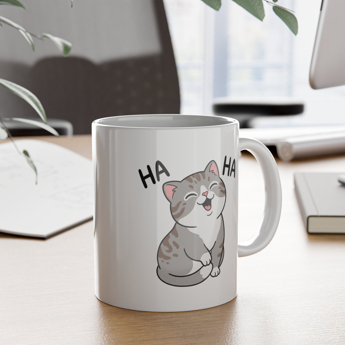Laughing Cat Mug — Cute Grey Kitten 'HA HA' Ceramic Coffee Cup, Funny Cat Lover Gift