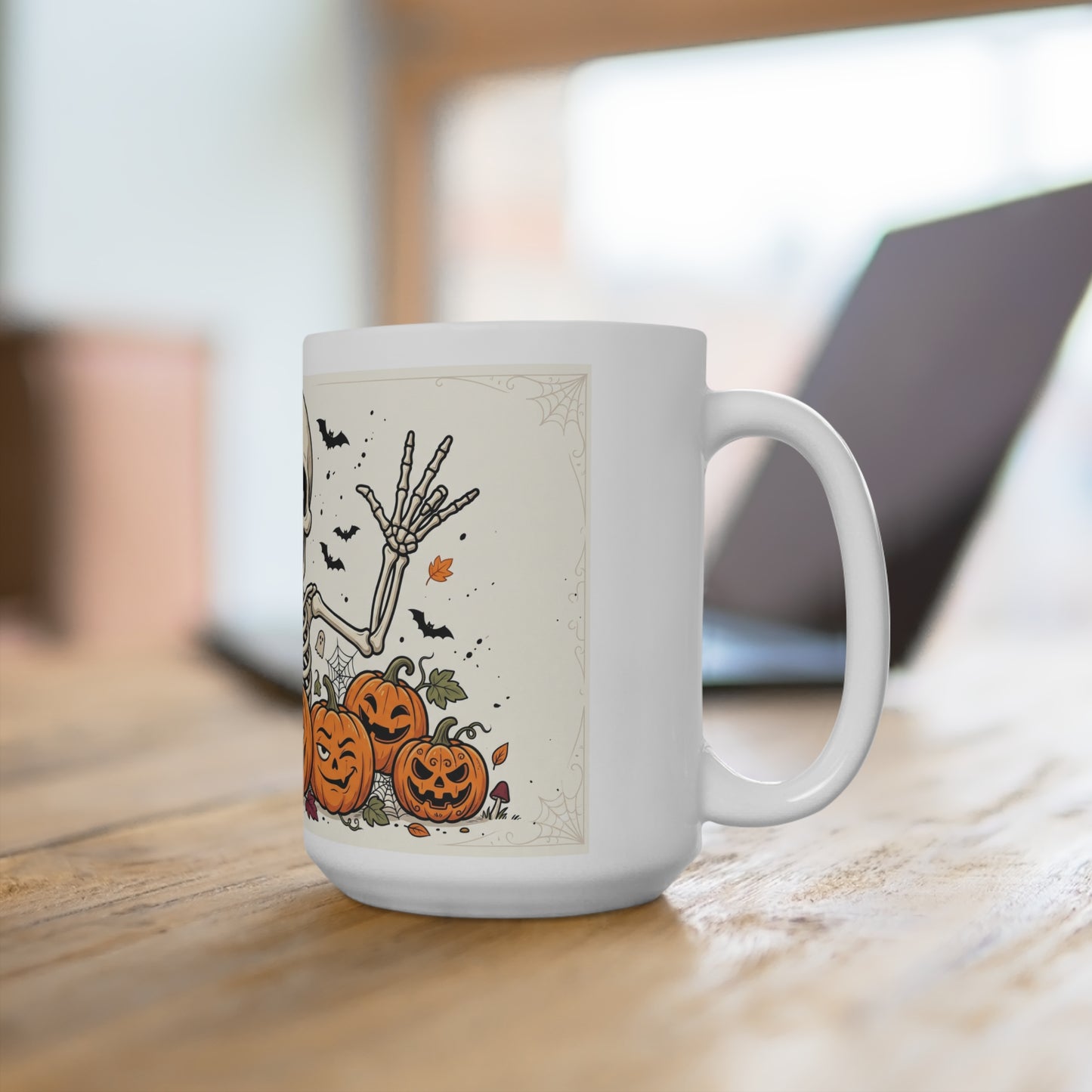 Halloween Skeleton & Jack-o'-Lantern 15oz Mug — Spooky Pumpkin Coffee Cup