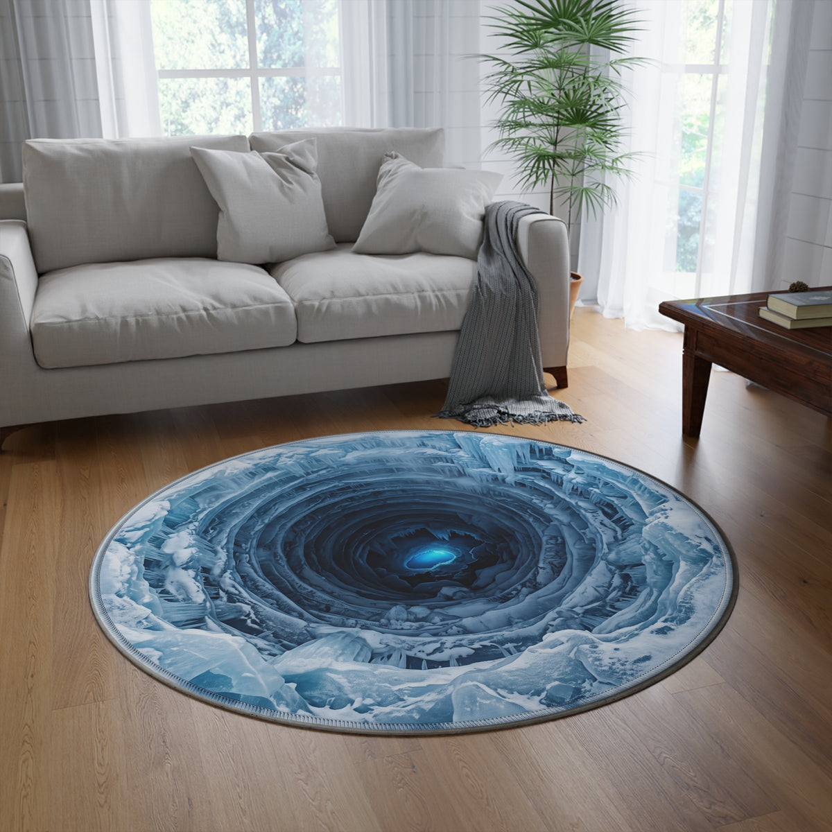 Ice Abyss Round Rug — Blue Glacier Cave Circular Floor Mat