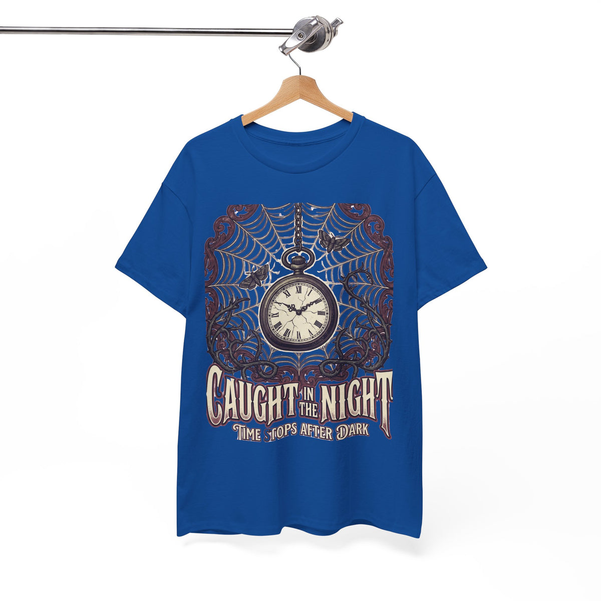 Caught in the Night Pocket Watch Tee — Gothic Spiderweb Vintage Clock T‑Shirt