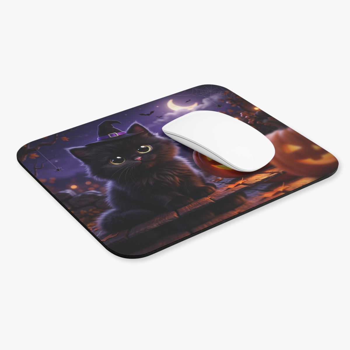 Halloween Black Kitten Mouse Pad — Cute Witch Cat with Jack-O'-Lanterns