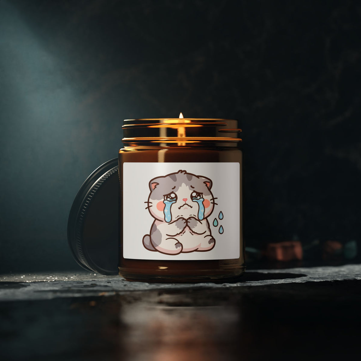 Crying Kawaii Cat Soy Candle — Amber Jar Scented Candle