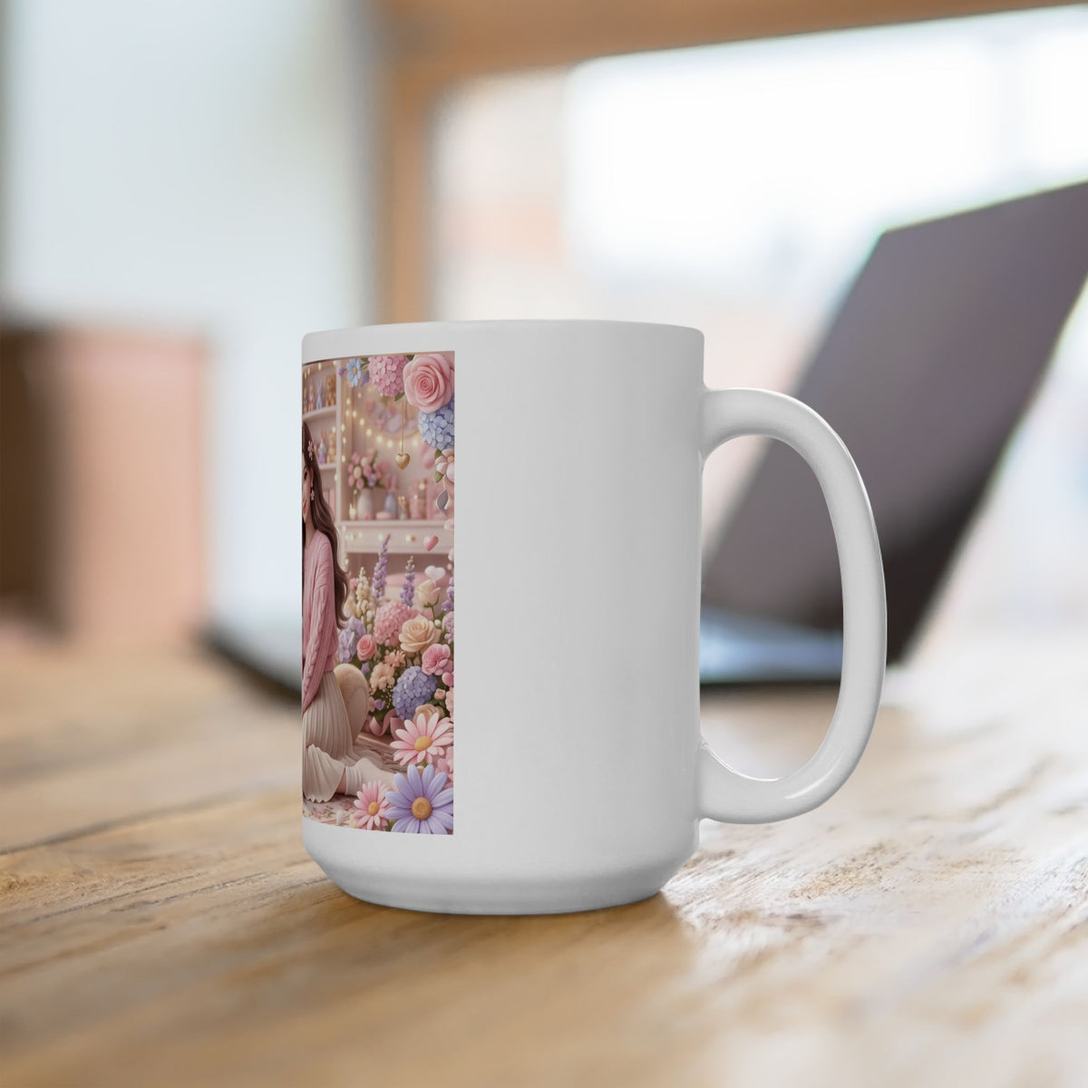 Cute Girl & Teddy Bear Floral Ceramic Mug (11oz, 15oz)