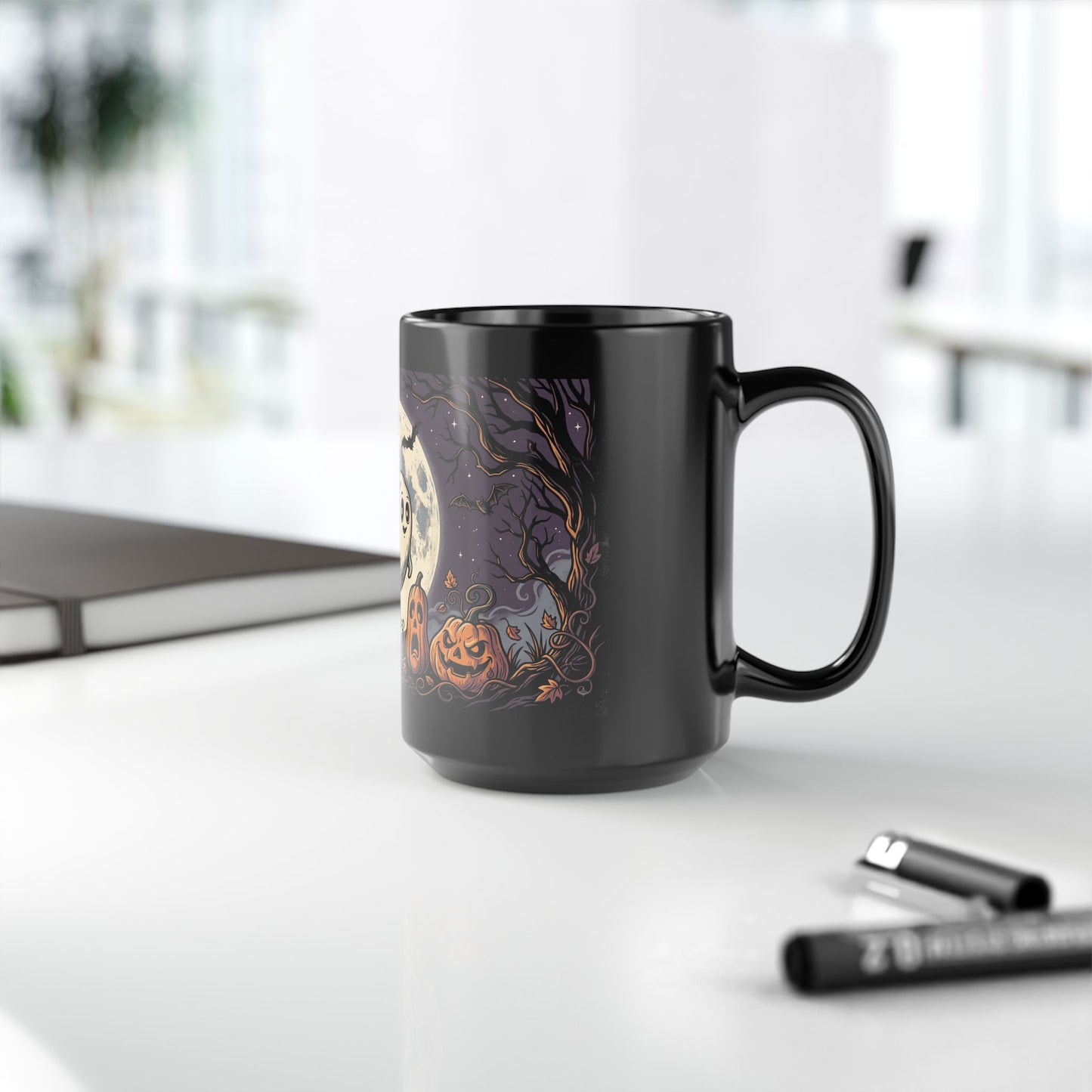 Halloween Ghost & Jack-o'-Lantern Black Mug (11oz, 15oz)