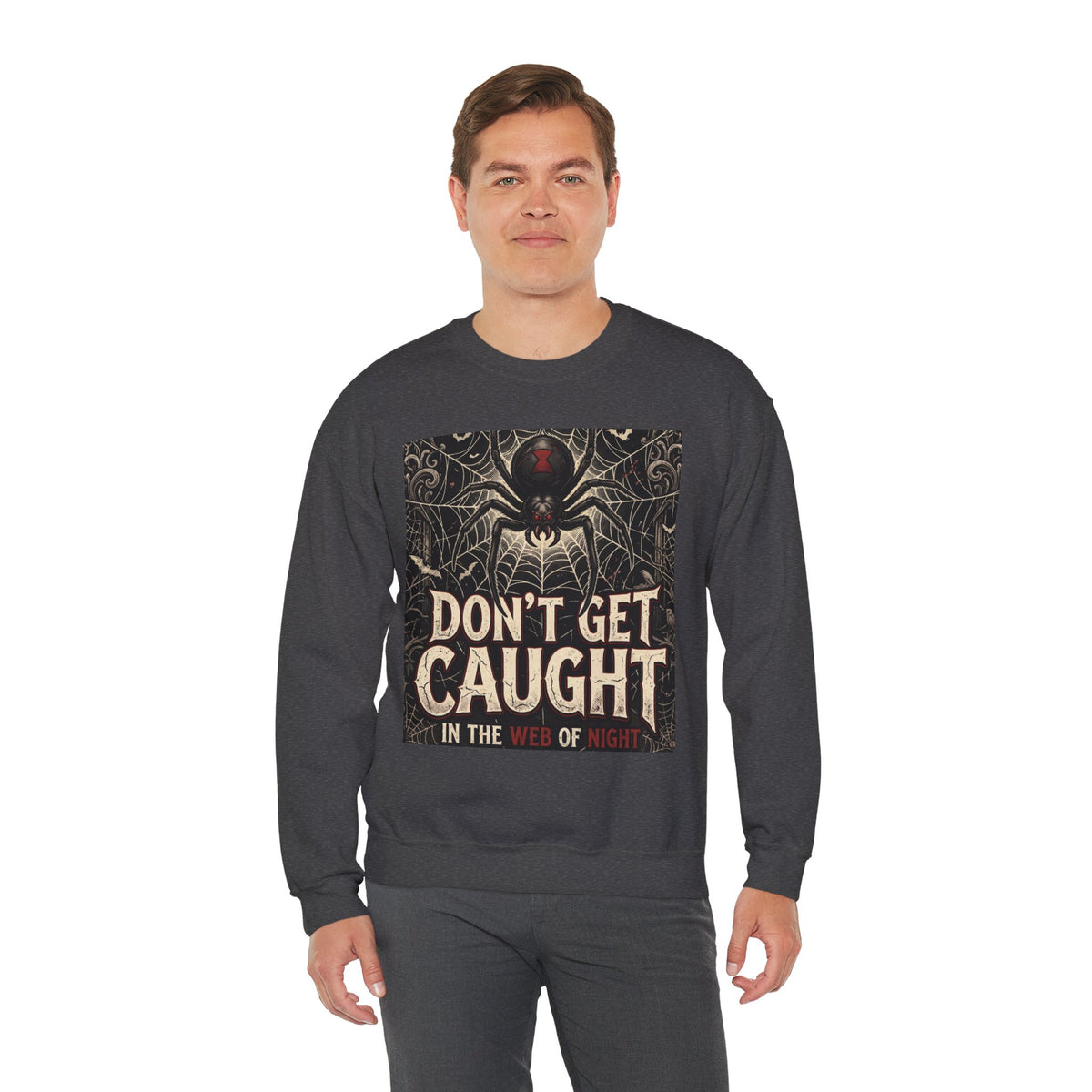 Spider Web Sweatshirt - "Don't Get Caught in the Web of Night" Graphic Crewneck