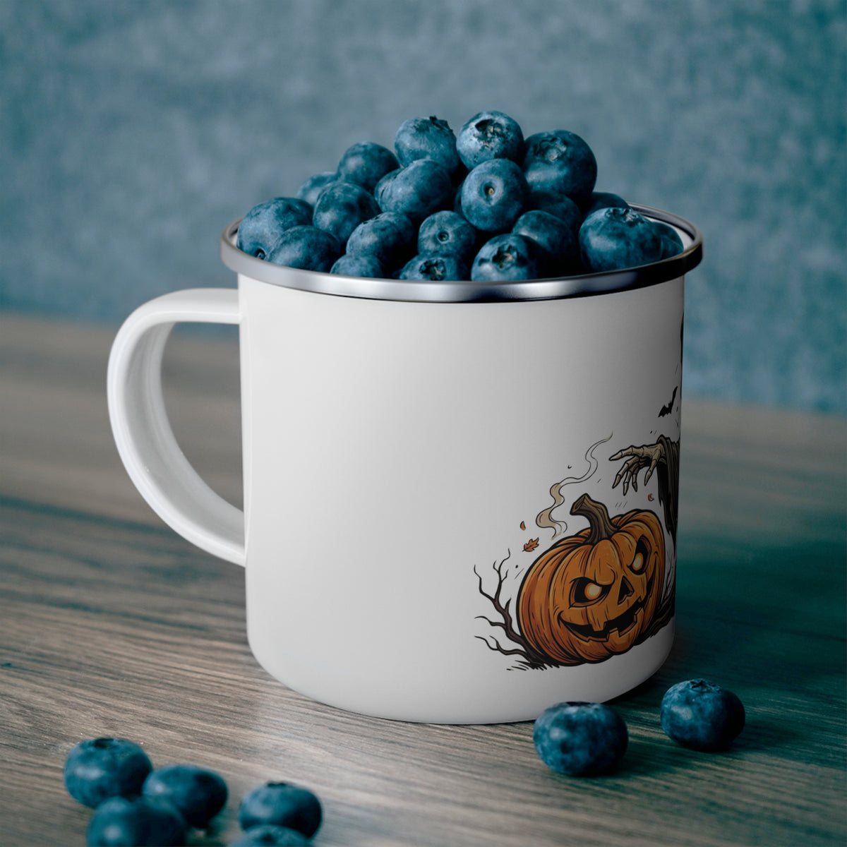Halloween Grim Reaper Enamel Camping Mug – Spooky Pumpkin Skull Design