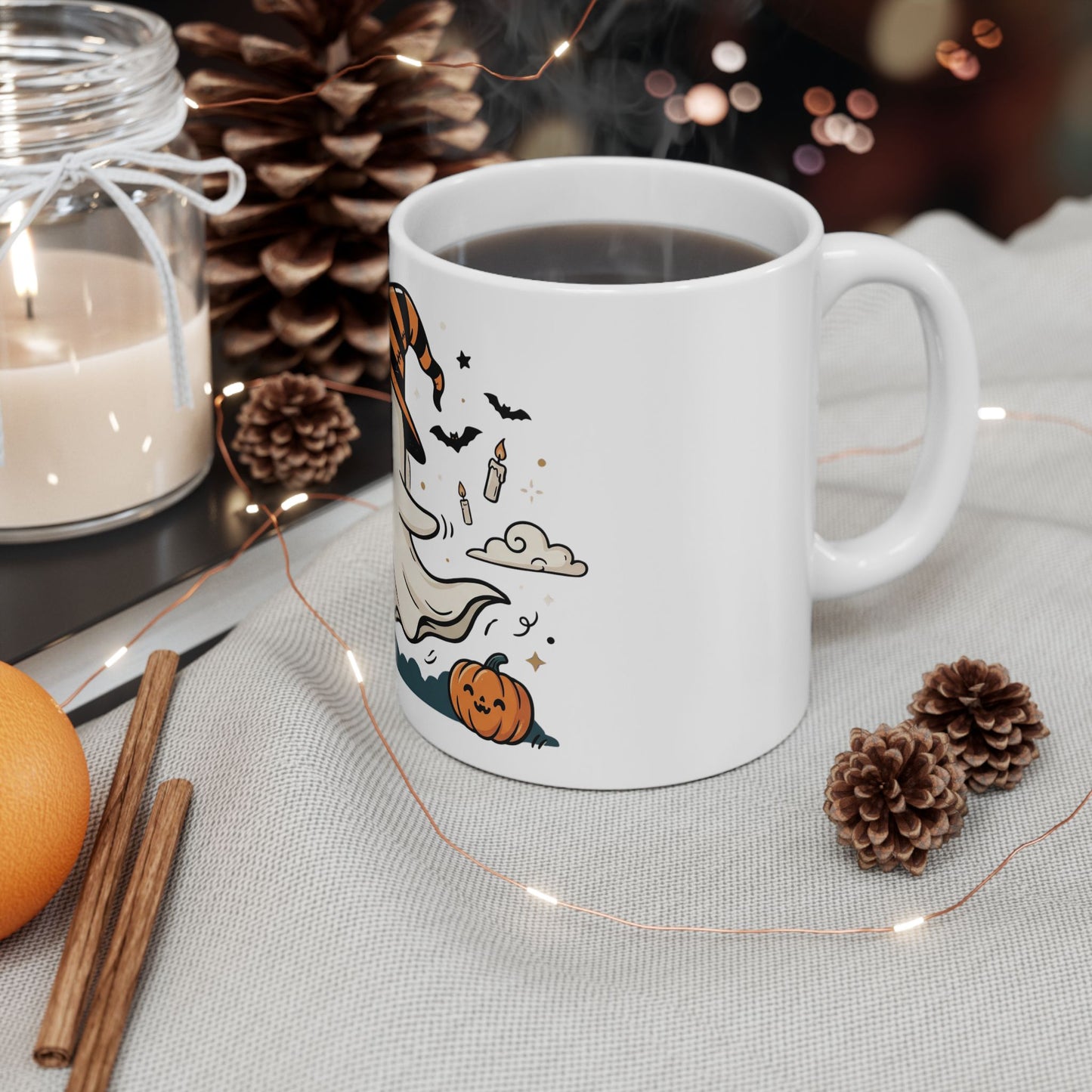 Halloween Ghost Ceramic Mug — Cute Ghost with Witch Hat, Pumpkins & Cats (11oz/15oz)