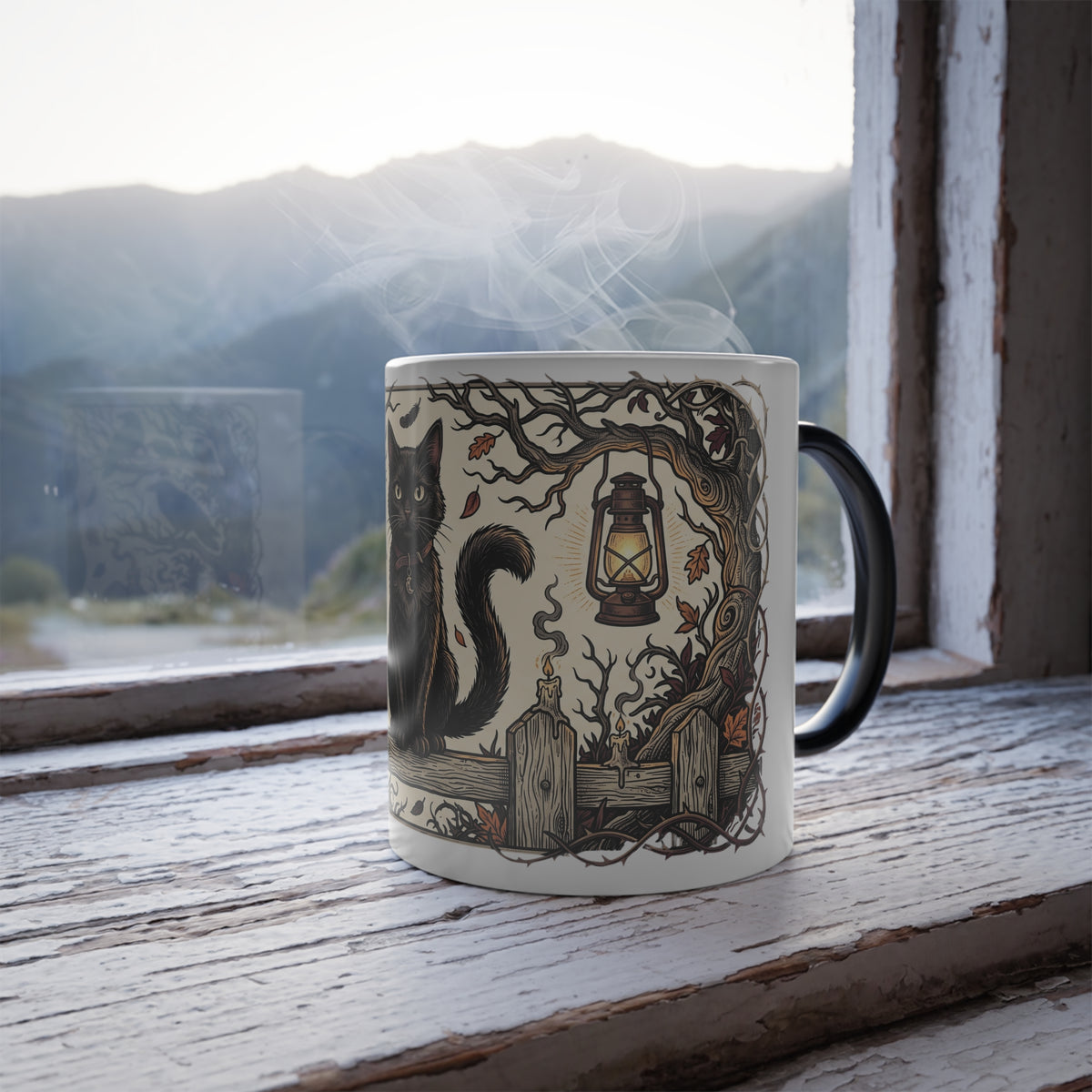 Color-Changing Mug — Black Cat on Haunted Fence (11oz)