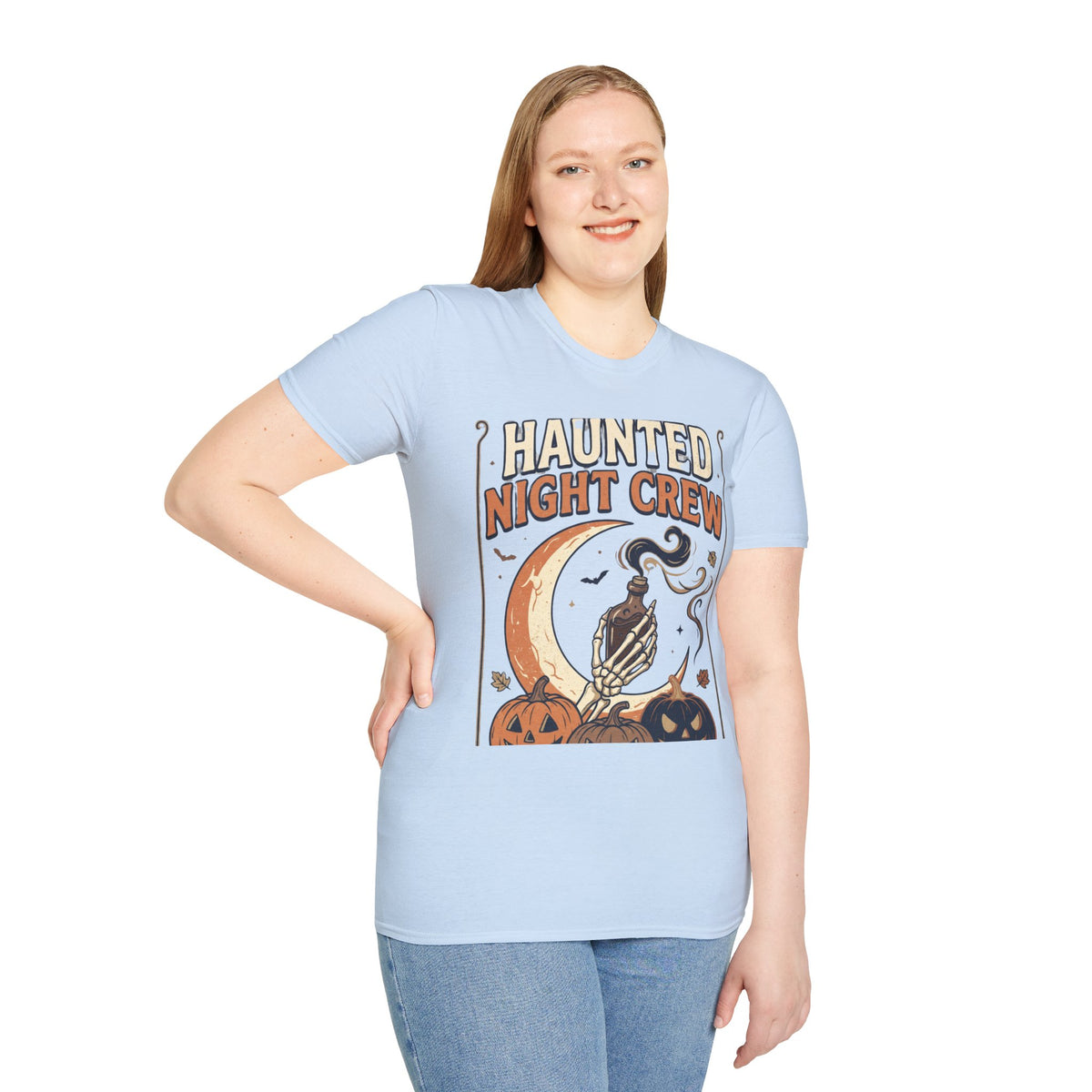 Haunted Night Crew T-Shirt — Retro Halloween Skeleton & Pumpkin Tee