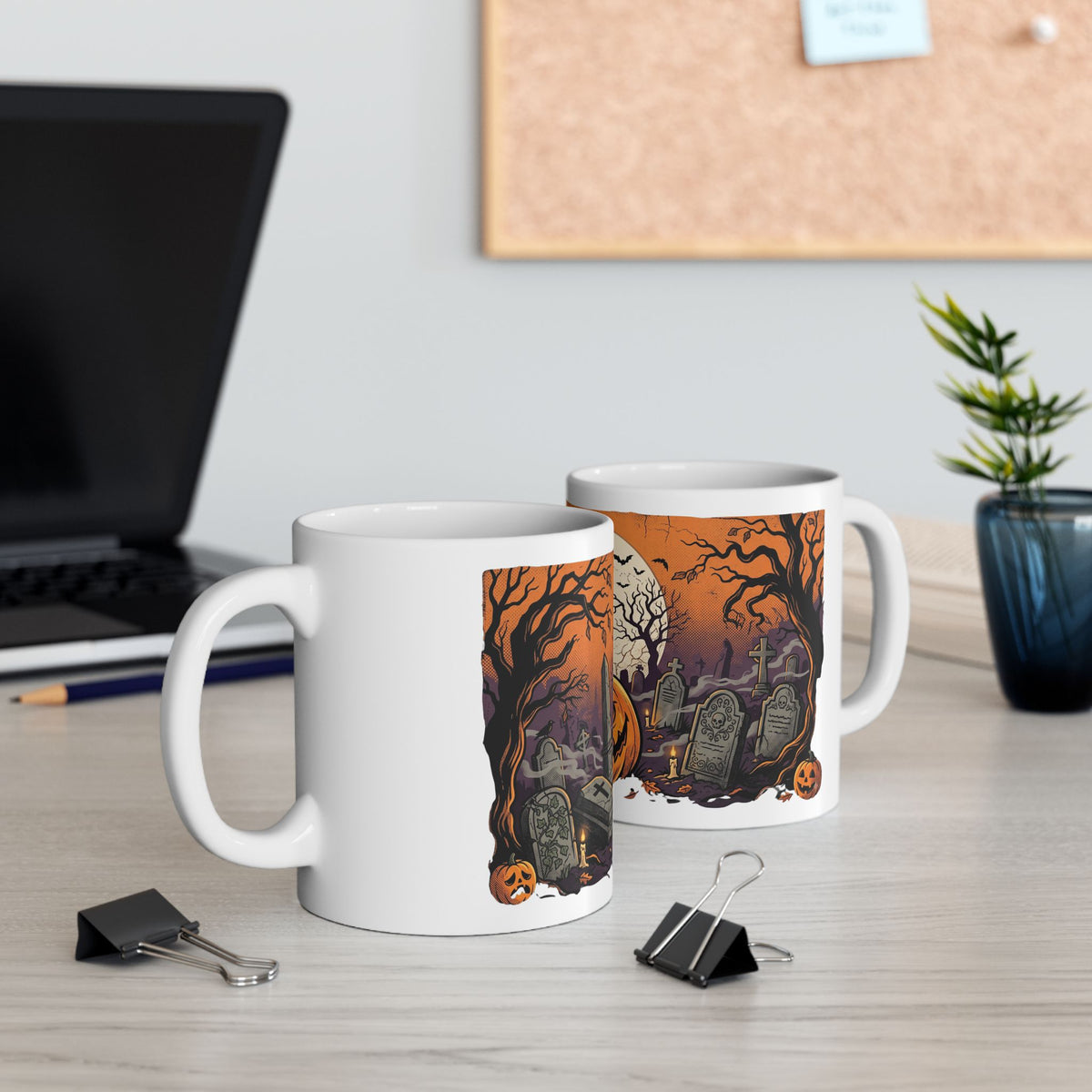 Halloween Pumpkin Mug — Spooky Graveyard Jack-o'-Lantern Ceramic Coffee Cup (11oz/15oz)