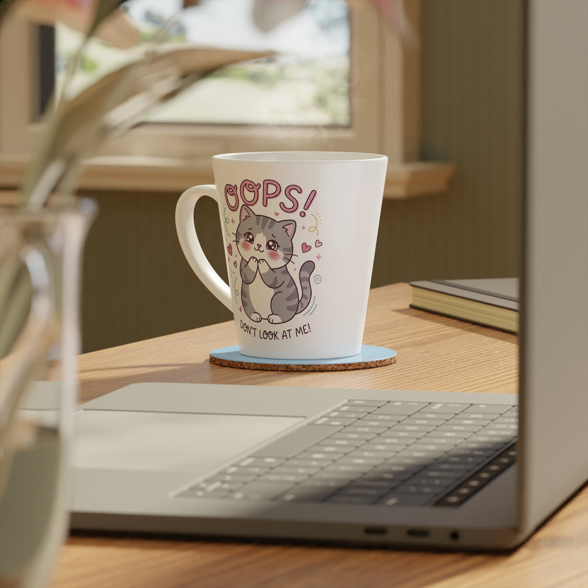 Latte Mug — Cute Kawaii Cat 'Oops! Don't Look' 12oz Ceramic Coffee Cup