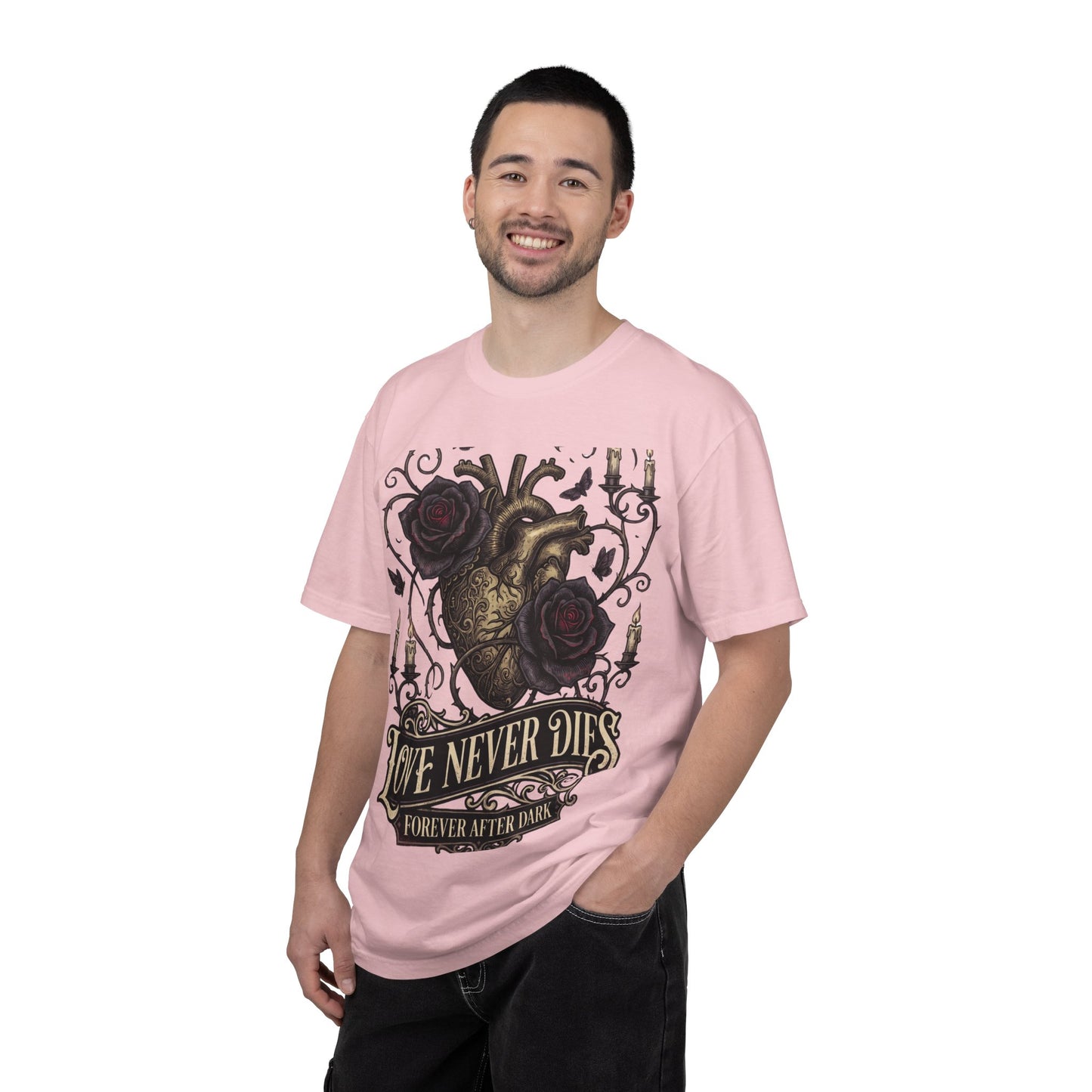 Love Never Dies Heart T-Shirt — Gothic Rose "Forever After Dark" Tee