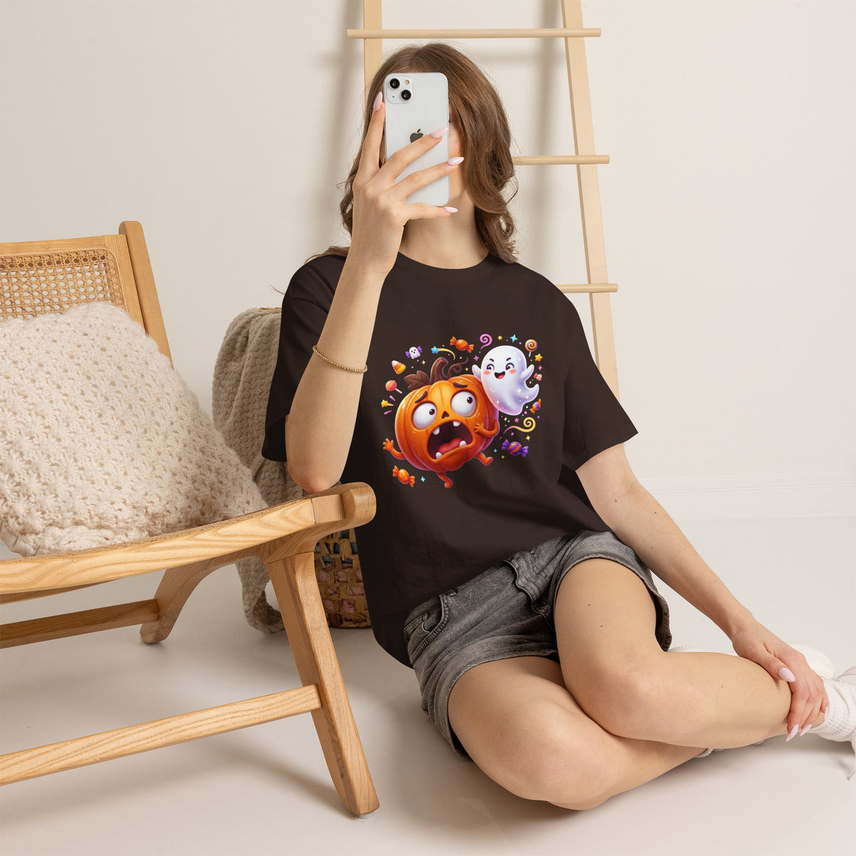 Cute Halloween Pumpkin & Ghost Tee — Scared Pumpkin Candy Graphic T-Shirt
