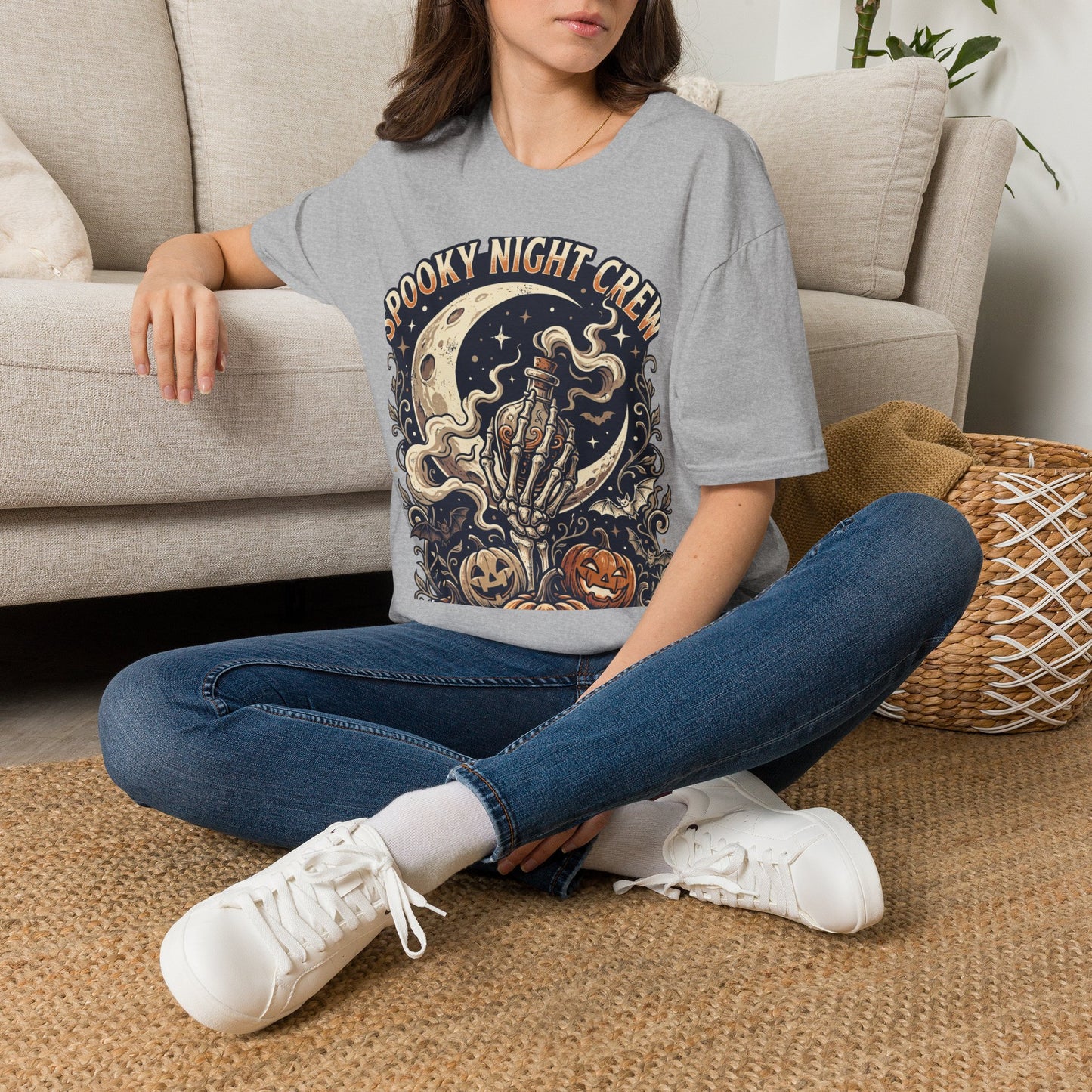 Spooky Night Crew T-Shirt — Vintage Halloween Moon & Skeleton Graphic