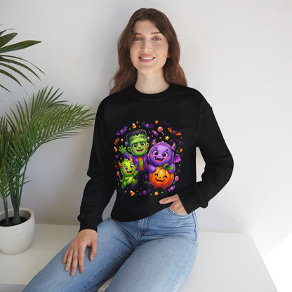Halloween Monster Crewneck Sweatshirt — Cute Frankenstein, Vampire & Pumpkin Design