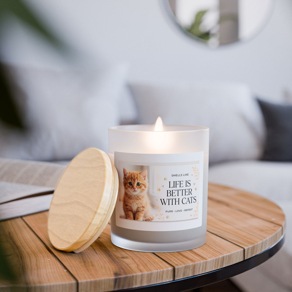 Life Is Better With Cats Frosted Glass Candle – 11oz Scented Soy Candle for Cat Lovers