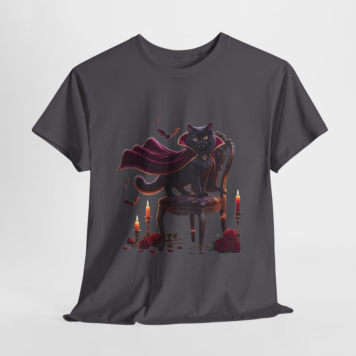 Vampire Cat Tee — Gothic Black Cat with Cape & Candles T-Shirt