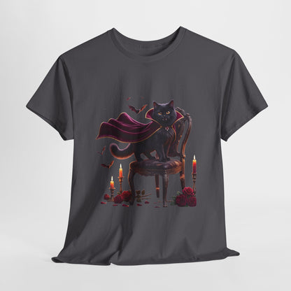 Vampire Cat Tee — Gothic Black Cat with Cape & Candles T-Shirt