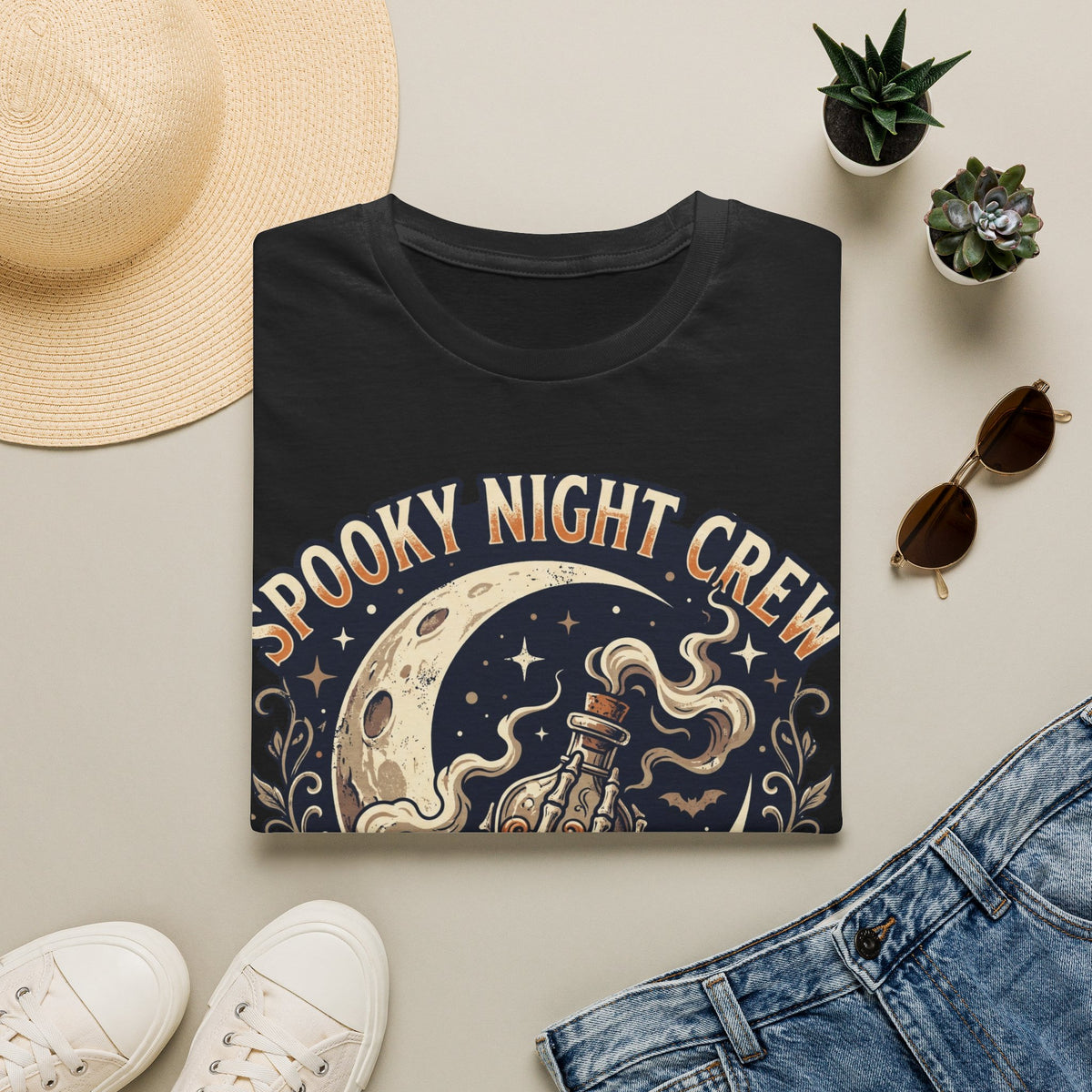 Spooky Night Crew T-Shirt — Vintage Halloween Moon & Skeleton Graphic
