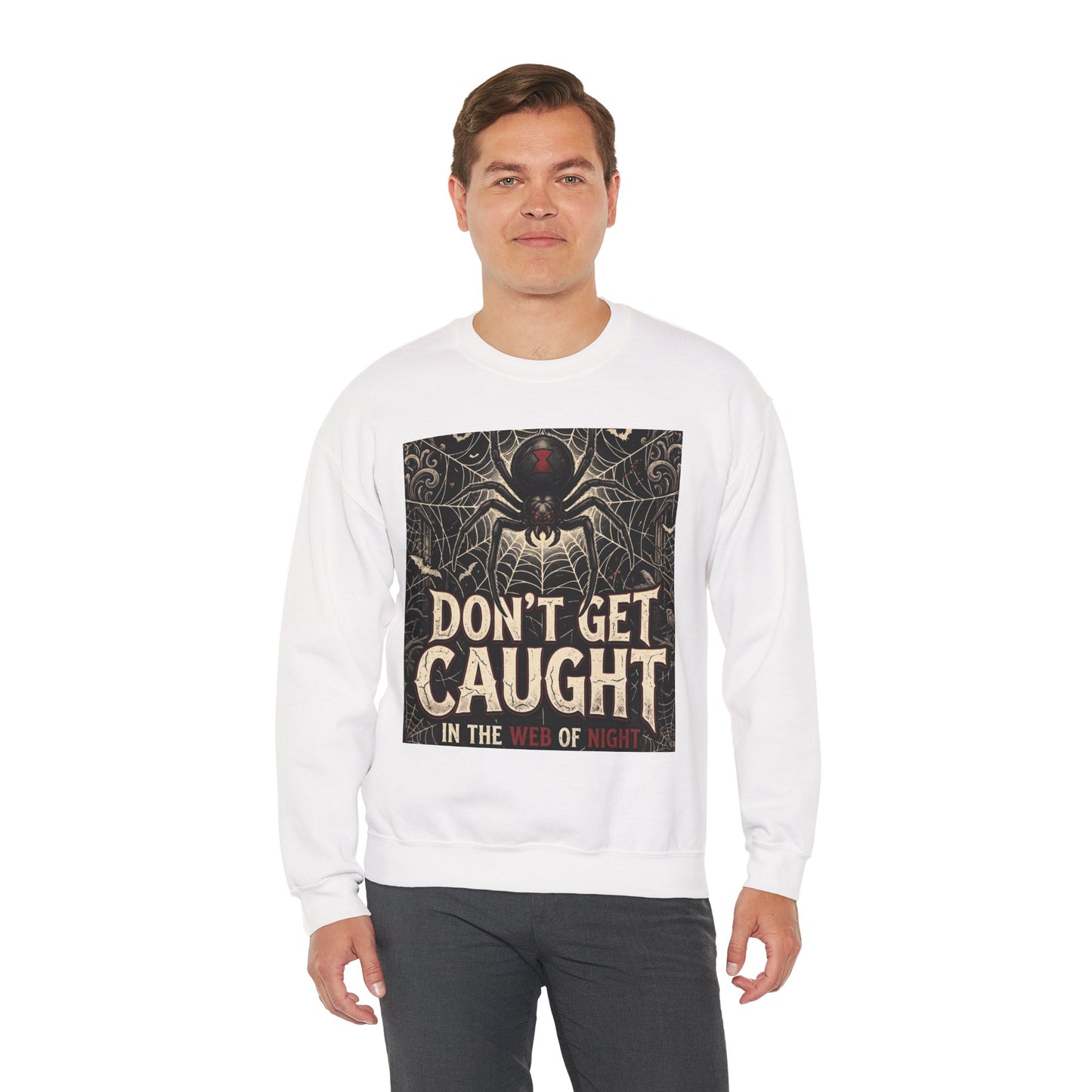 Spider Web Sweatshirt - "Don't Get Caught in the Web of Night" Graphic Crewneck