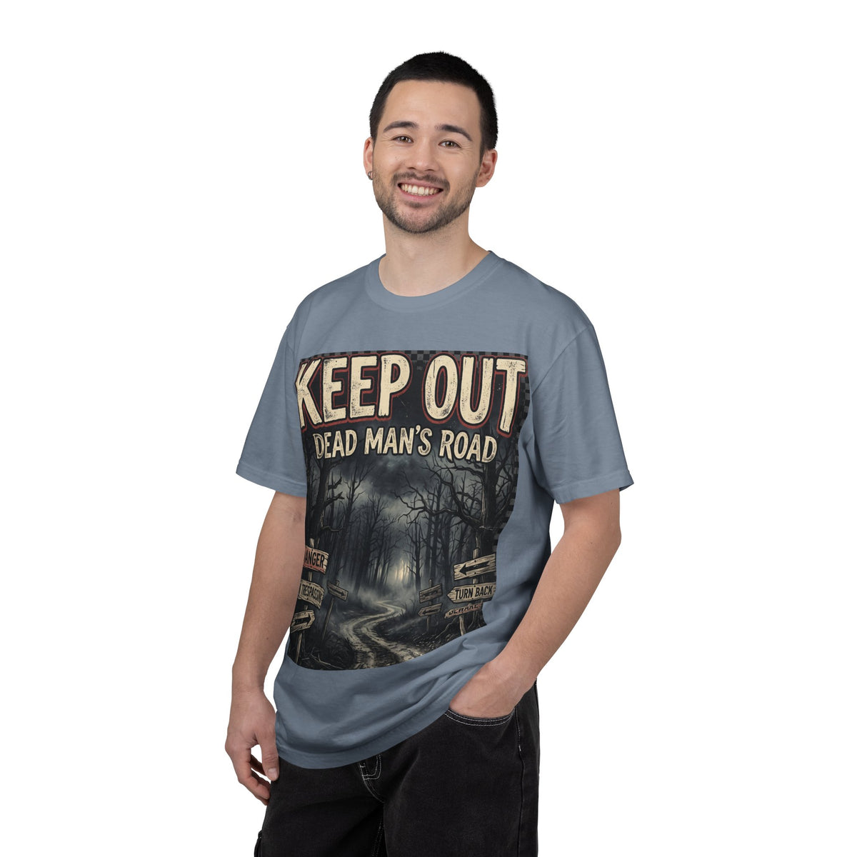 Keep Out "Dead Man's Road" T-Shirt — Spooky Haunted Forest Graphic Tee