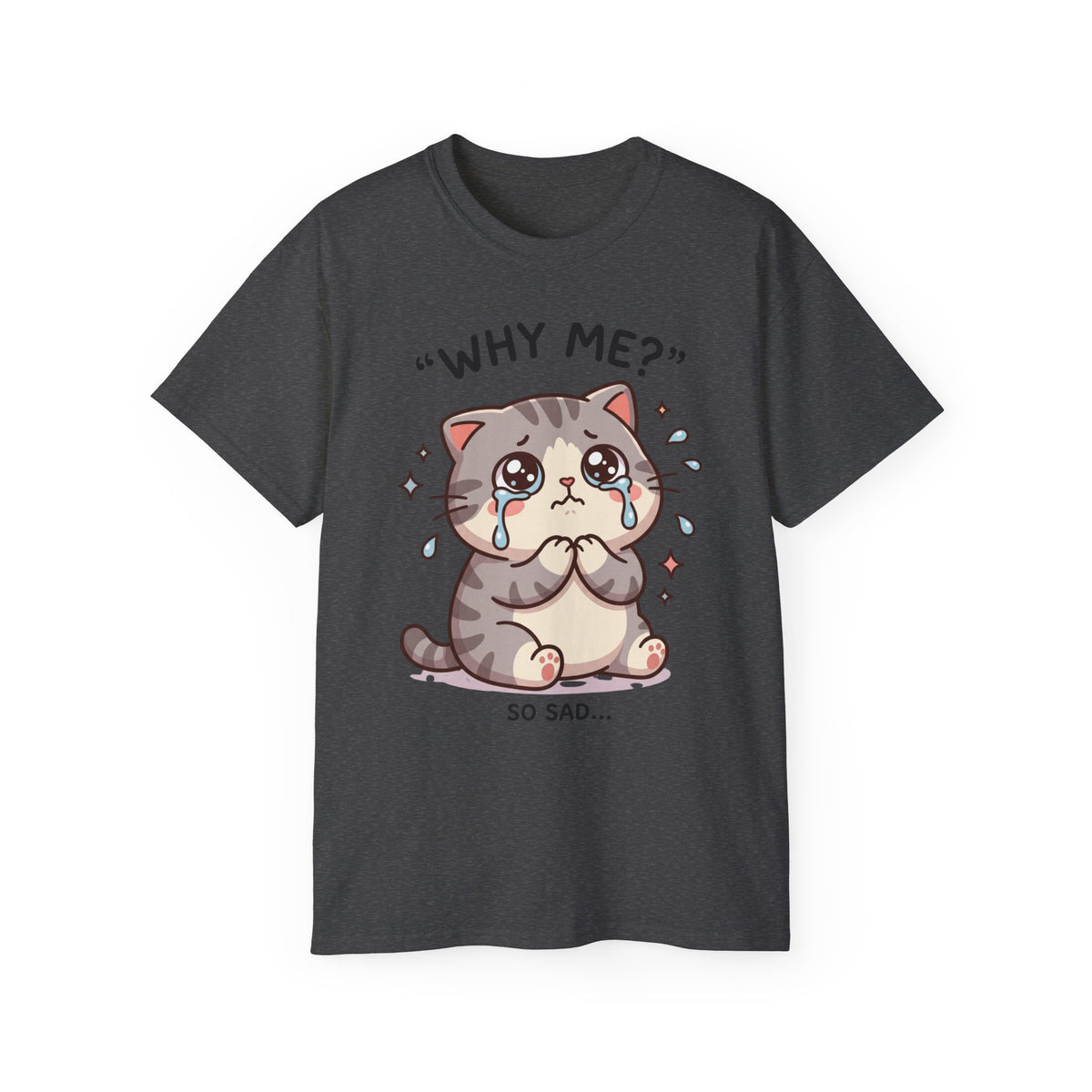 Sad Kawaii Cat Tee - "Why Me?" Cute Crying Kitten Graphic Shirt