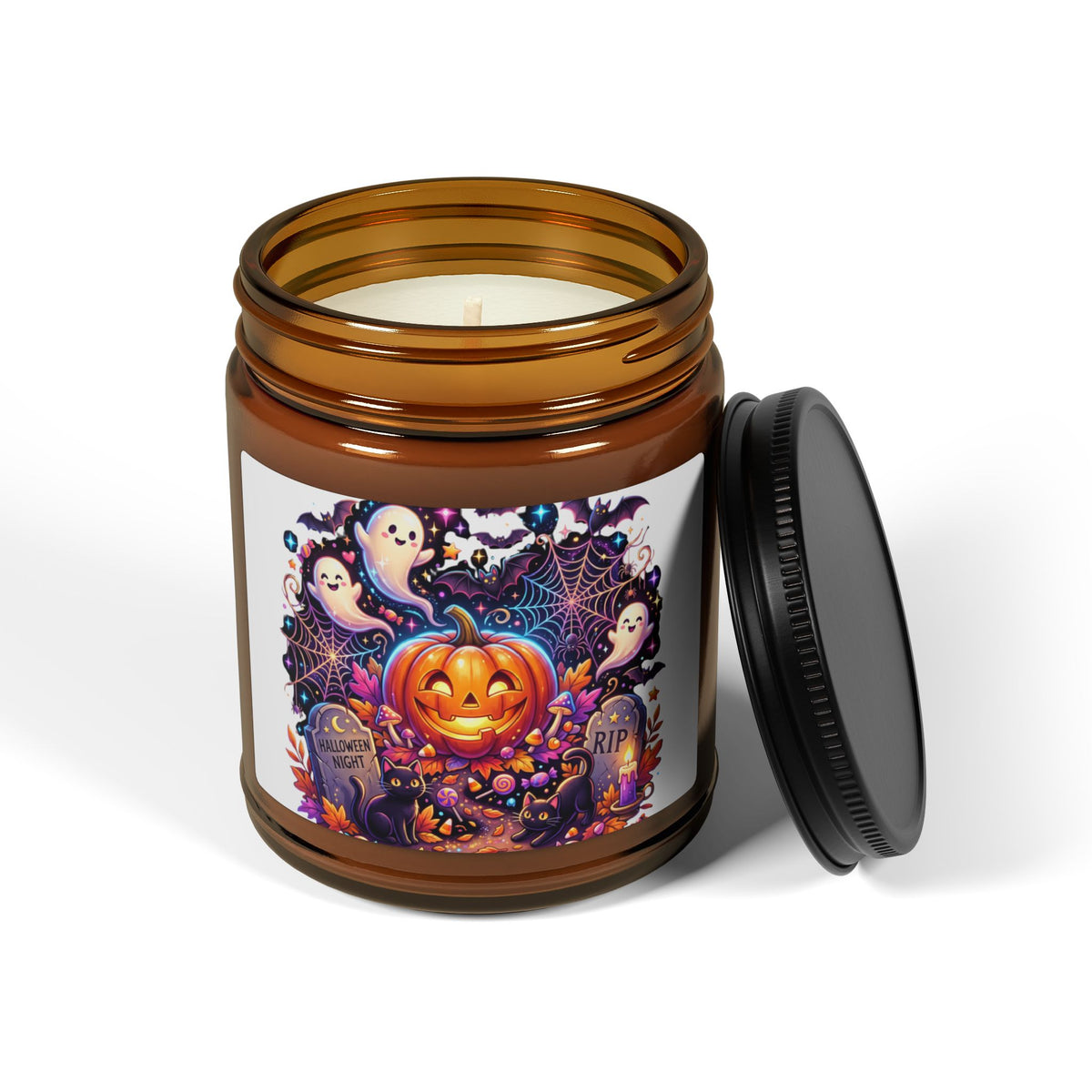 Halloween Pumpkin & Ghosts Soy Candle — Amber Jar (Scented, Multi-Size)