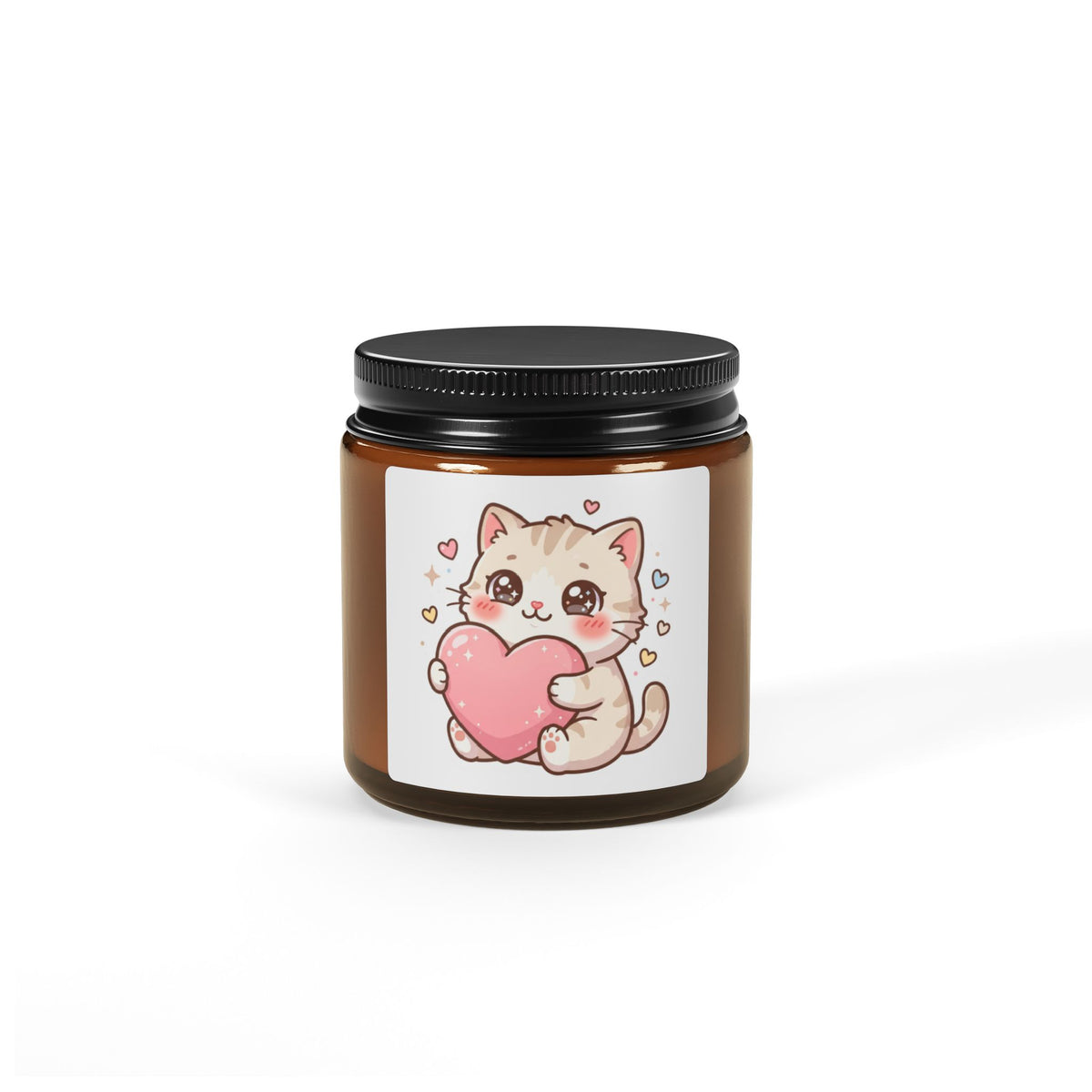 Cute Kitten Heart Soy Candle — Amber Jar Scented Candle (Valentine’s Gift)