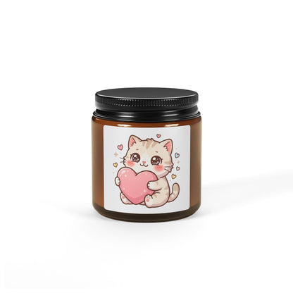 Cute Kitten Heart Soy Candle — Amber Jar Scented Candle (Valentine’s Gift)