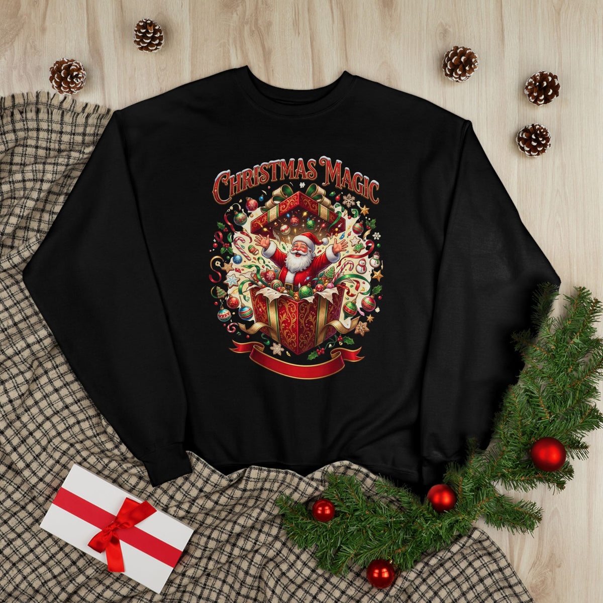 Christmas Magic Crewneck Sweatshirt — Santa Gift Box Holiday Pullover