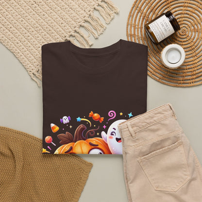Cute Halloween Pumpkin & Ghost Tee — Scared Pumpkin Candy Graphic T-Shirt