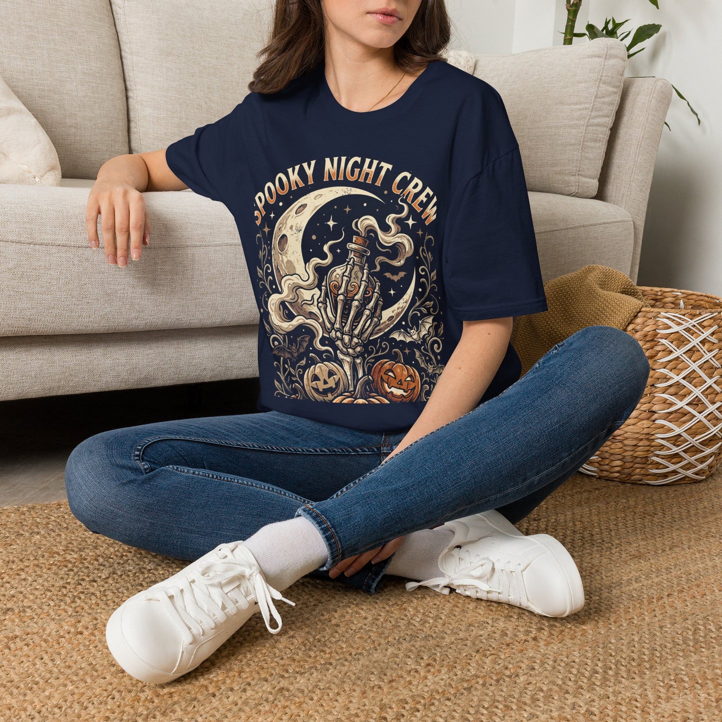 Spooky Night Crew T-Shirt — Vintage Halloween Moon & Skeleton Graphic