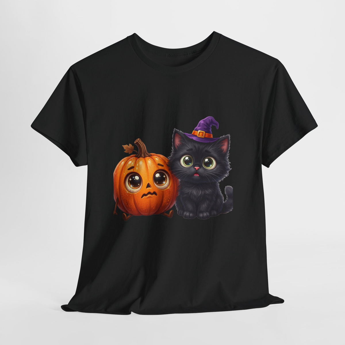 Halloween Black Cat & Pumpkin T‑Shirt — Cute Witch Hat Kitty Fall Tee