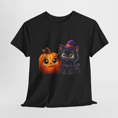 Halloween Black Cat & Pumpkin T‑Shirt — Cute Witch Hat Kitty Fall Tee