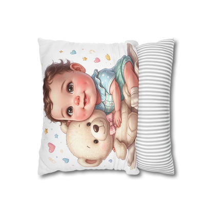 Baby & Teddy Square Pillowcase - Cute Infant Nursery Decorative Throw Pillow
