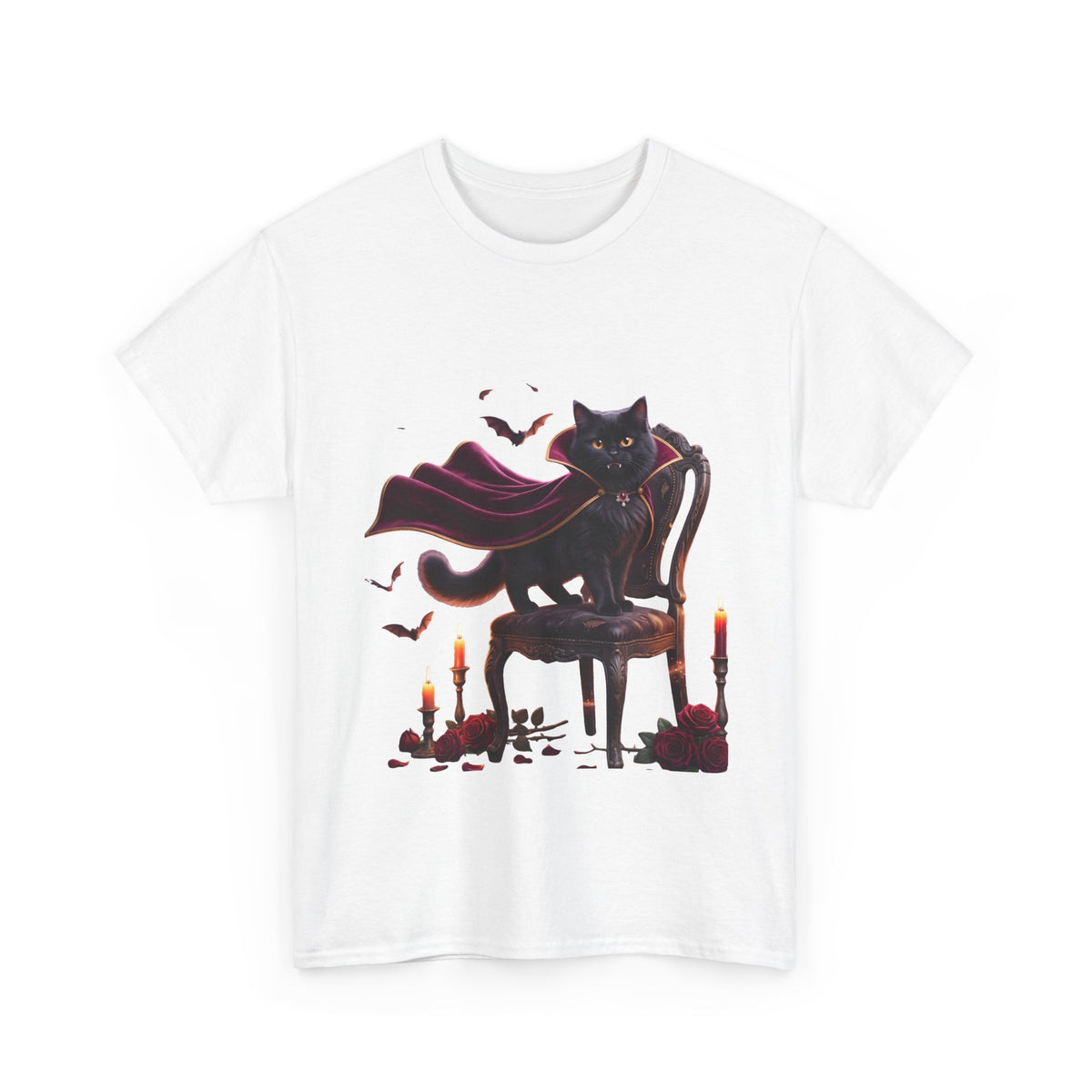 Vampire Cat Tee — Gothic Black Cat with Cape & Candles T-Shirt