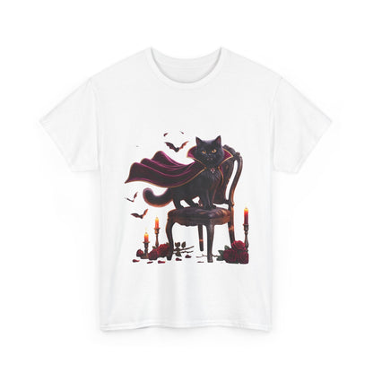 Vampire Cat Tee — Gothic Black Cat with Cape & Candles T-Shirt