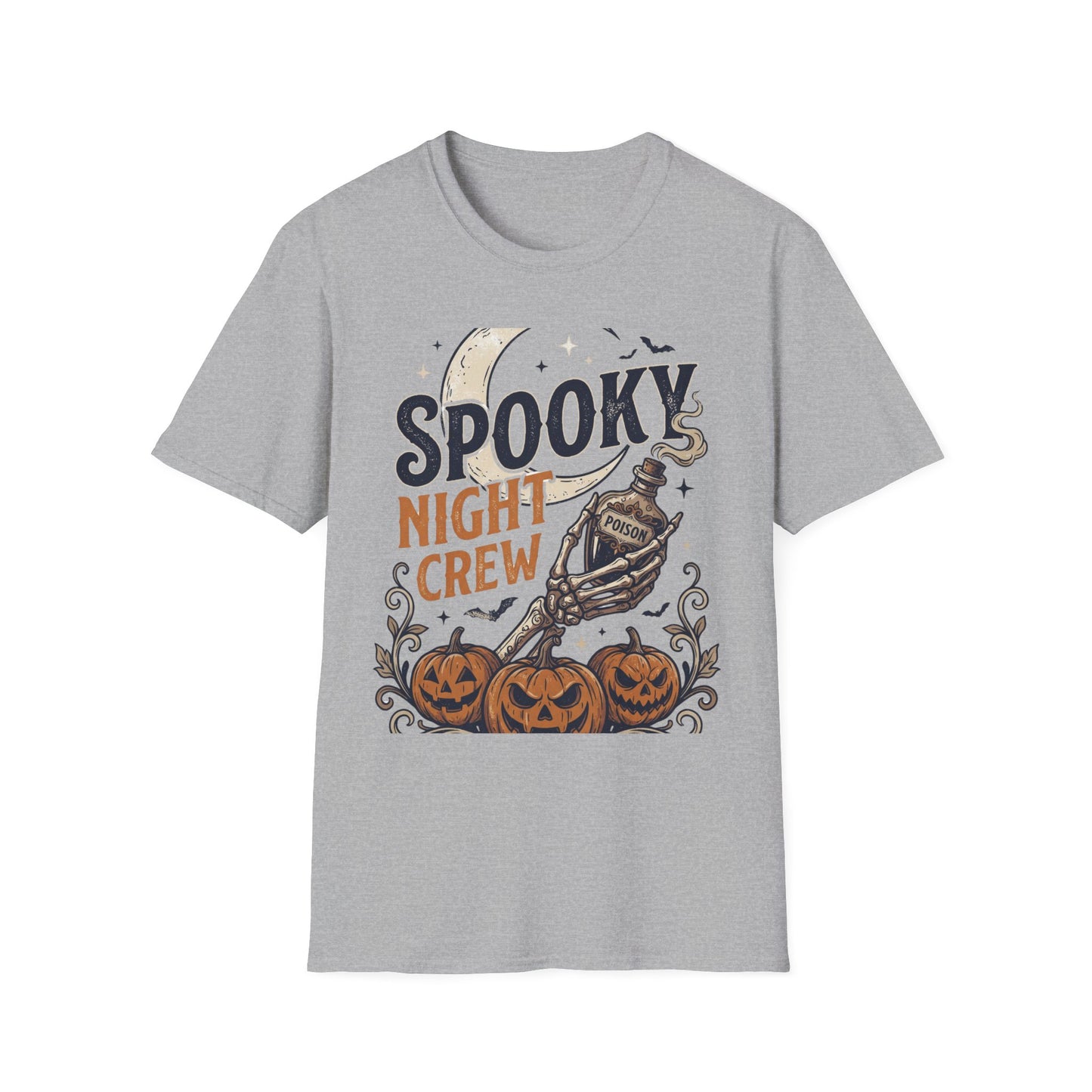 Spooky Night Crew T-Shirt — Halloween Moon, Skeleton & Pumpkins Tee