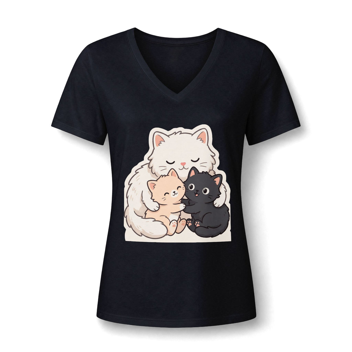 Women's Cat Mama V-Neck Tee — Cute Mom Cat and Kittens Graphic