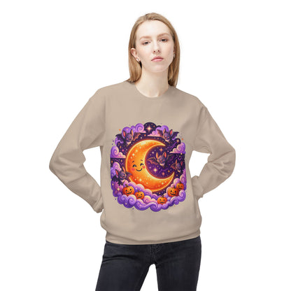 Halloween Moon Crewneck Sweatshirt — Cute Smiling Moon, Pumpkins & Bats Pullover