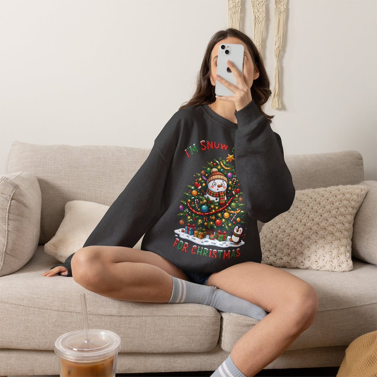 Christmas Sweatshirt – "I’m Snow Excited for Christmas" Cute Snowman Tree Holiday Crewneck