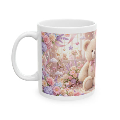 Cute Girl & Teddy Bear Floral Ceramic Mug (11oz, 15oz)