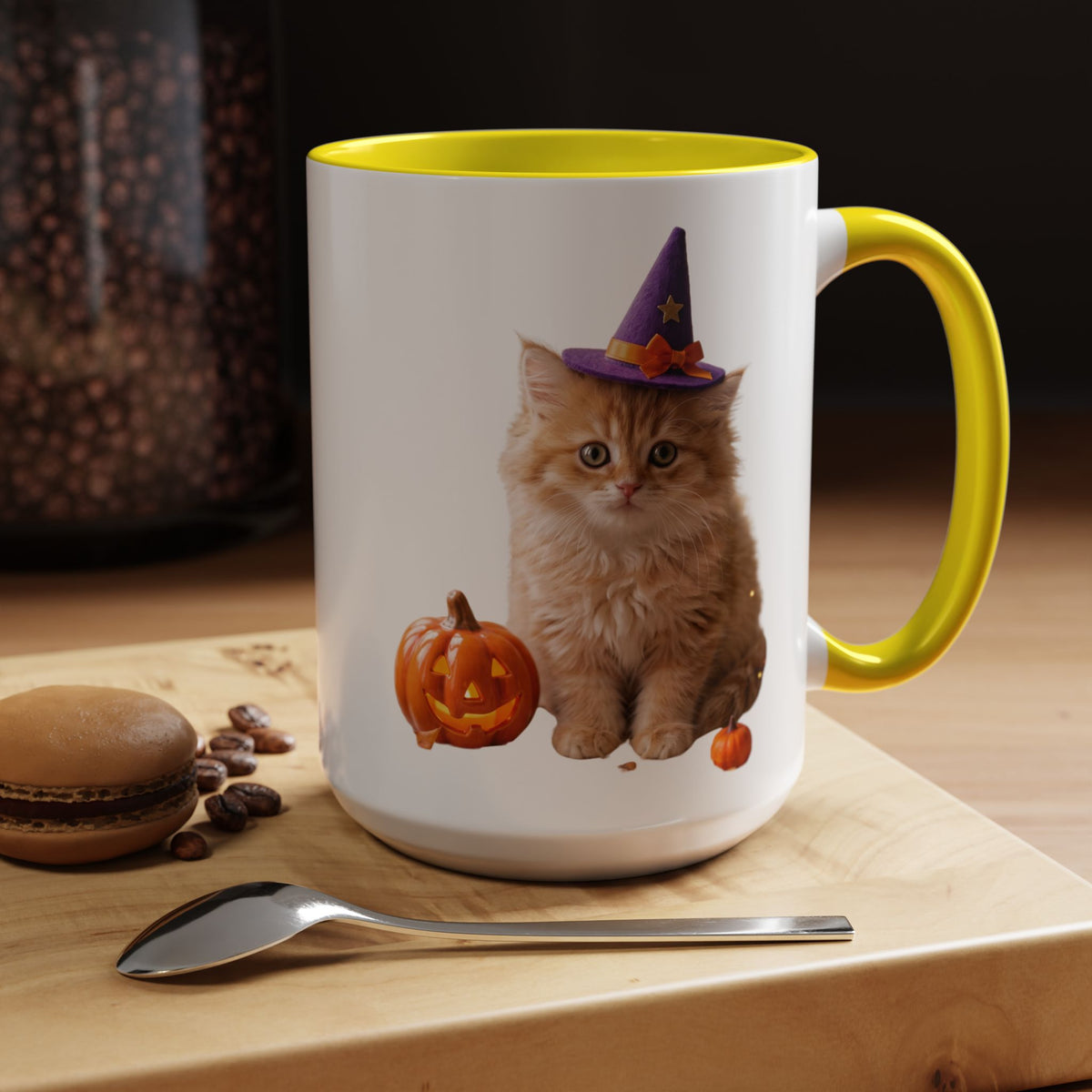 Halloween Cat Coffee Mug with Witch Hat and Pumpkin