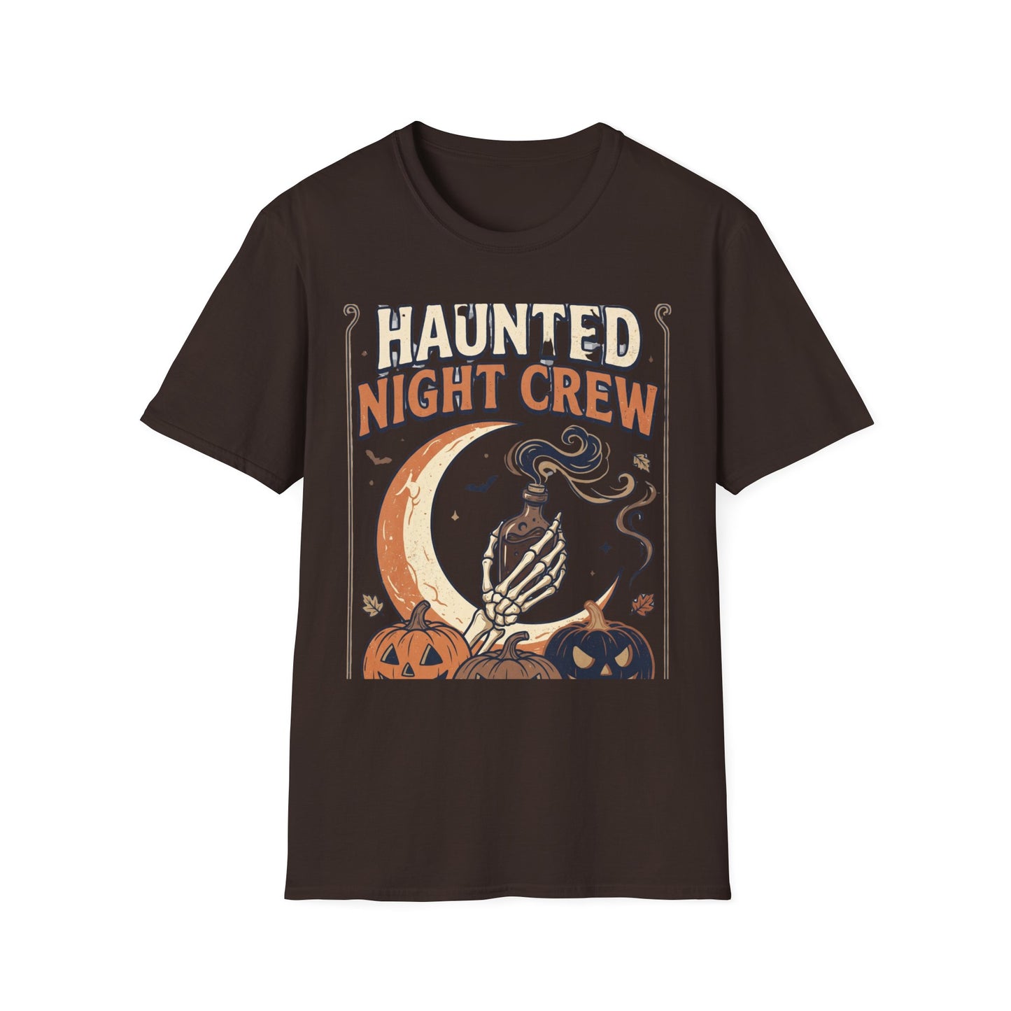 Haunted Night Crew T-Shirt — Retro Halloween Skeleton & Pumpkin Tee