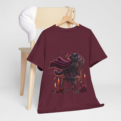 Vampire Cat Tee — Gothic Black Cat with Cape & Candles T-Shirt