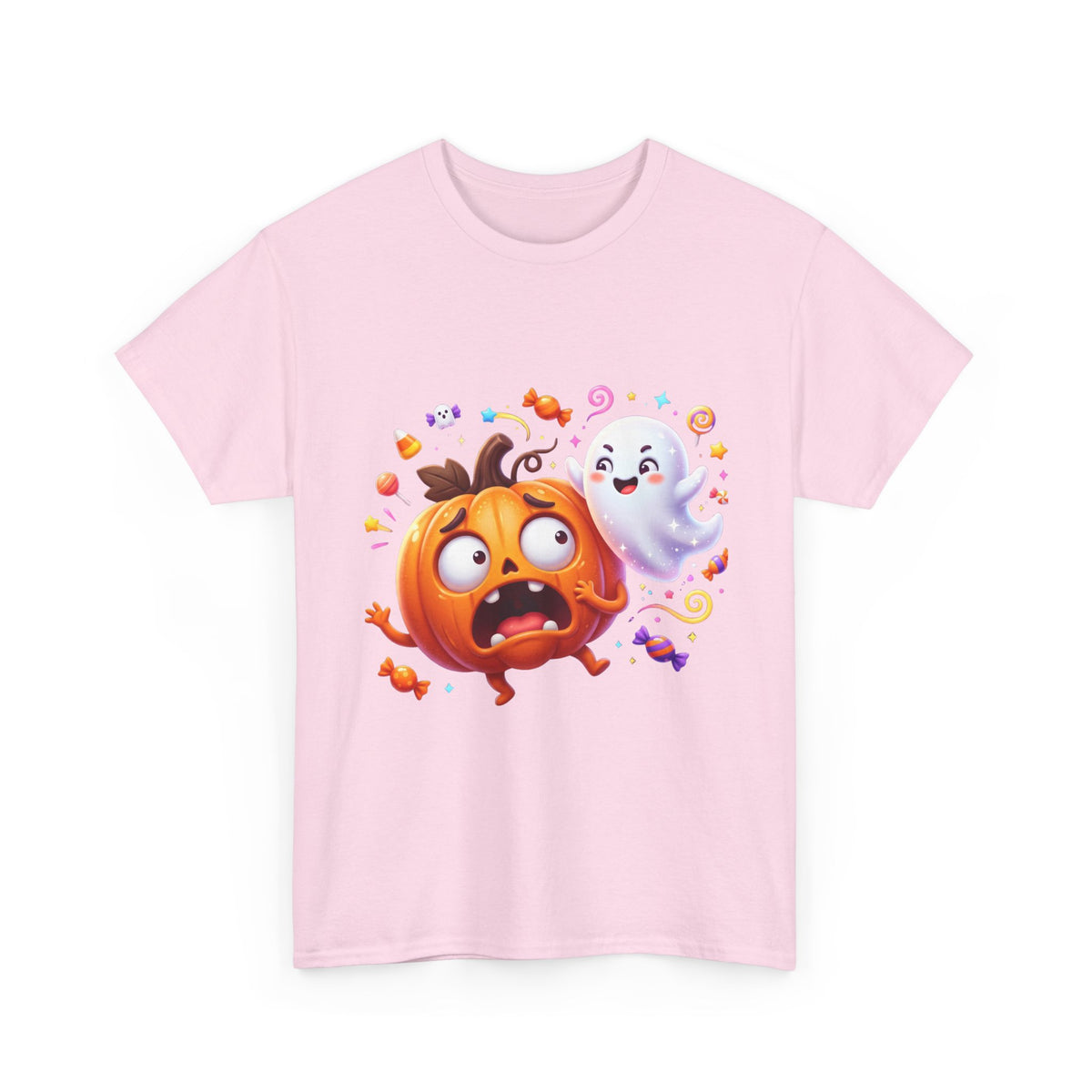 Cute Halloween Pumpkin & Ghost Tee — Scared Pumpkin Candy Graphic T-Shirt